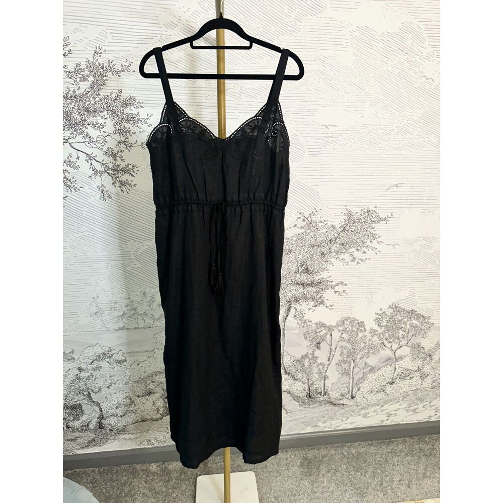 J.Crew Black 100% Linen Embroidered Midi Dress Tassel Size 6 NWT